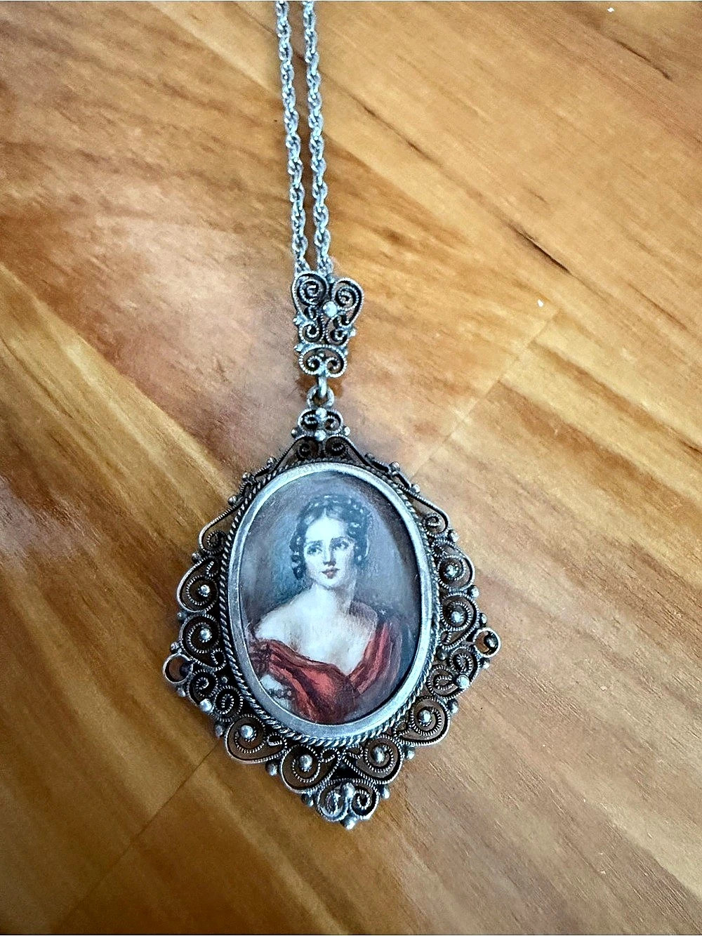 Antique 800 Silver Filigree Hand Painted Portrait Pendant Necklace